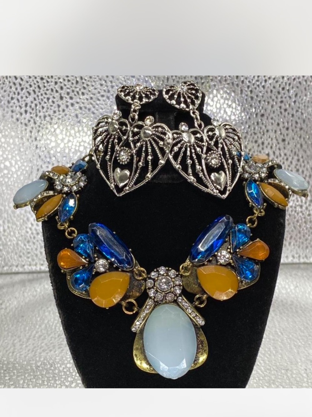 *** Statement ^^^ Ice Blue / Amber Gemstone Necklace Silver ^^ Filigree Earrings